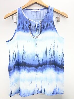 Violet & Claire Blue Tie-Dye Chiffon Sleeveless Tank with Beaded Neckline